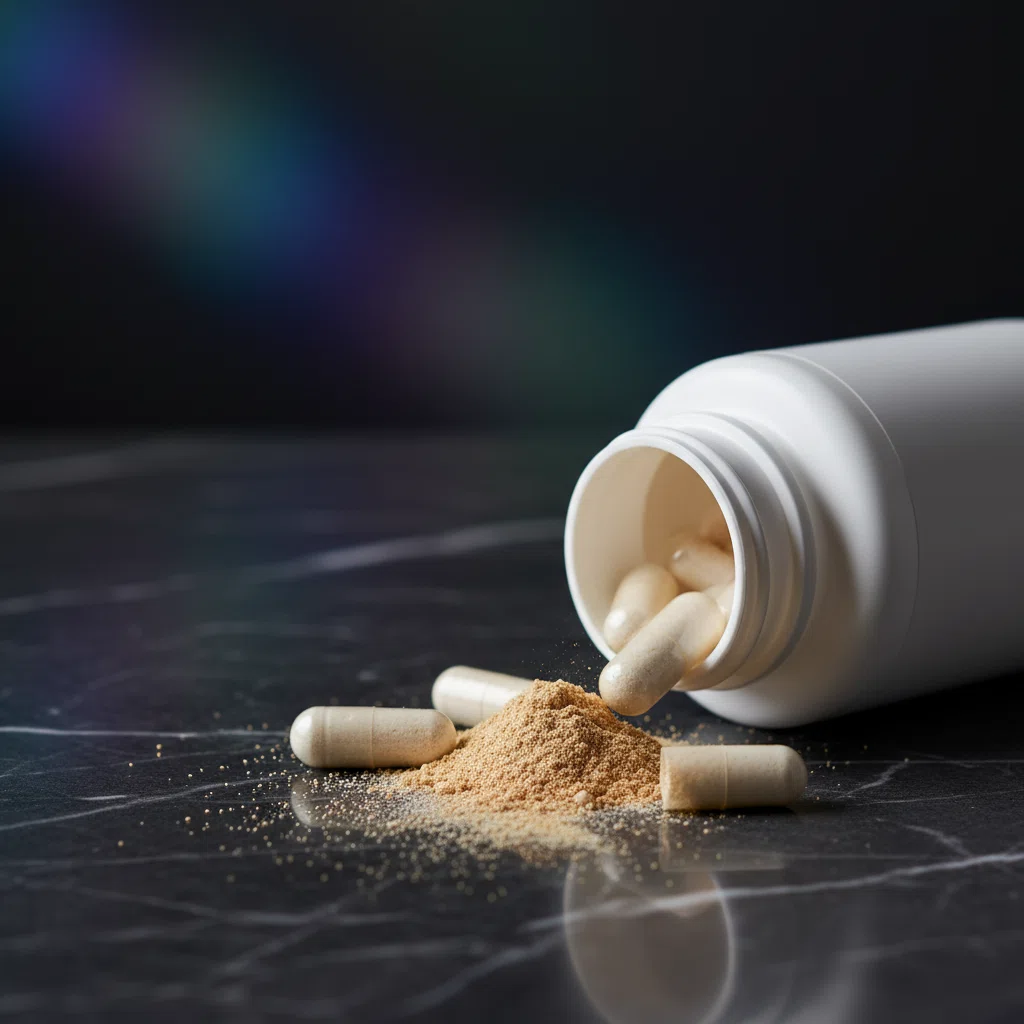 Witte supplement capsules met zaagpalmextract op donker marmer
