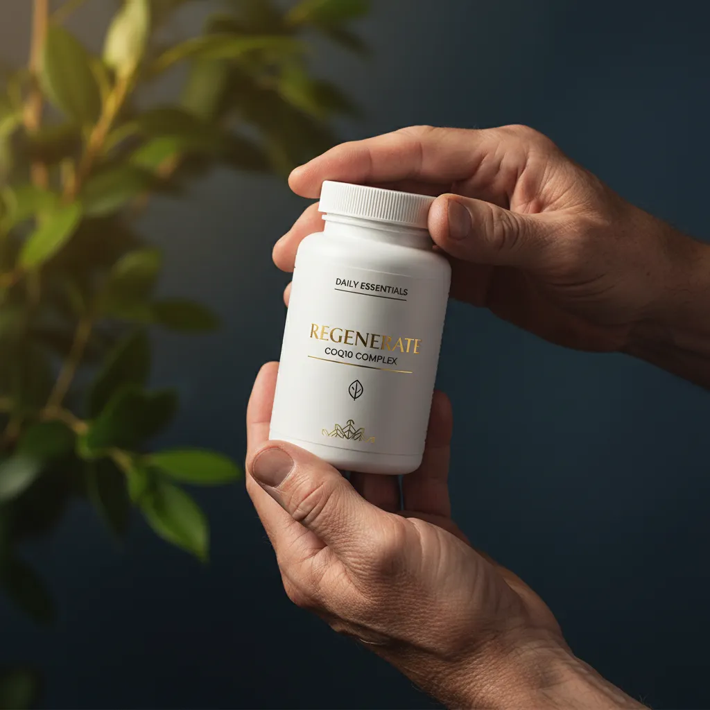 Handen van een oudere man die een supplement fles vasthoudt, groen buiten