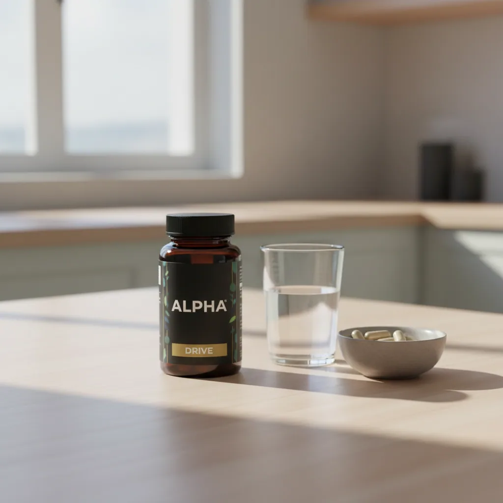 Alpha Drive voedingssupplement fles met zaagpalmextract ingrediënten op donker hout